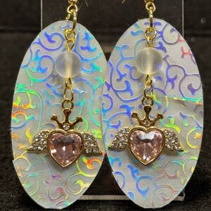 Silver with Holographic Design Faux Leather and Gold Heart Wing Earrings